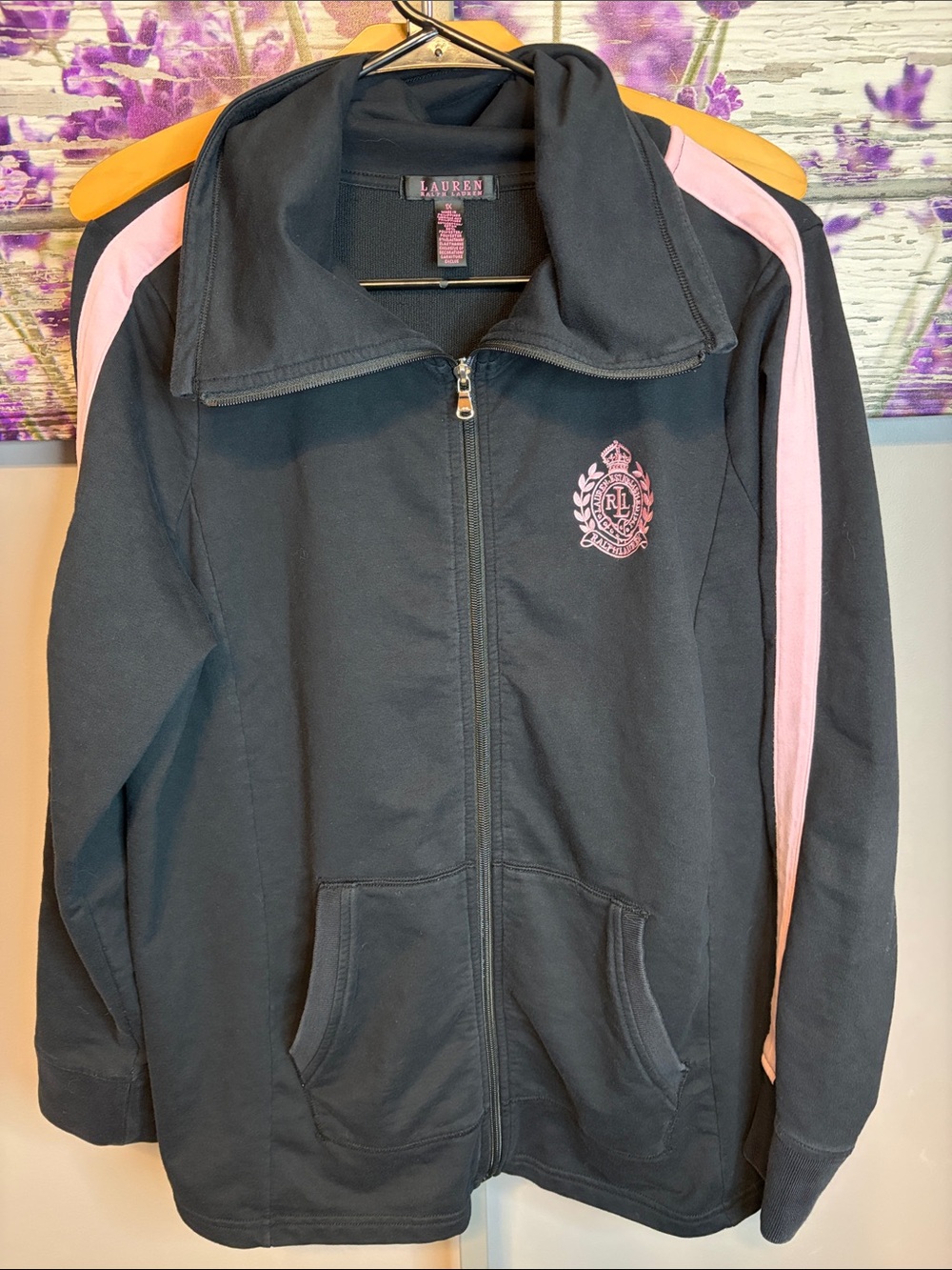 Lauren Ralph Lauren Black Full Zip Sweatshirt with Pink Embroidered Crest